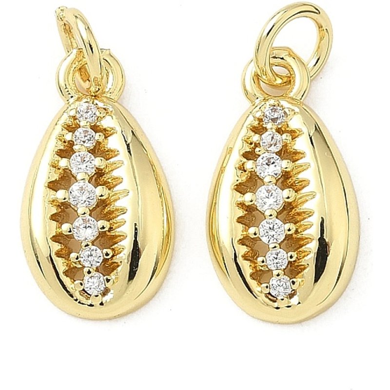 Brass Micro Pave Cubic Zirconia Shell Pendants, 18K Gold Plated