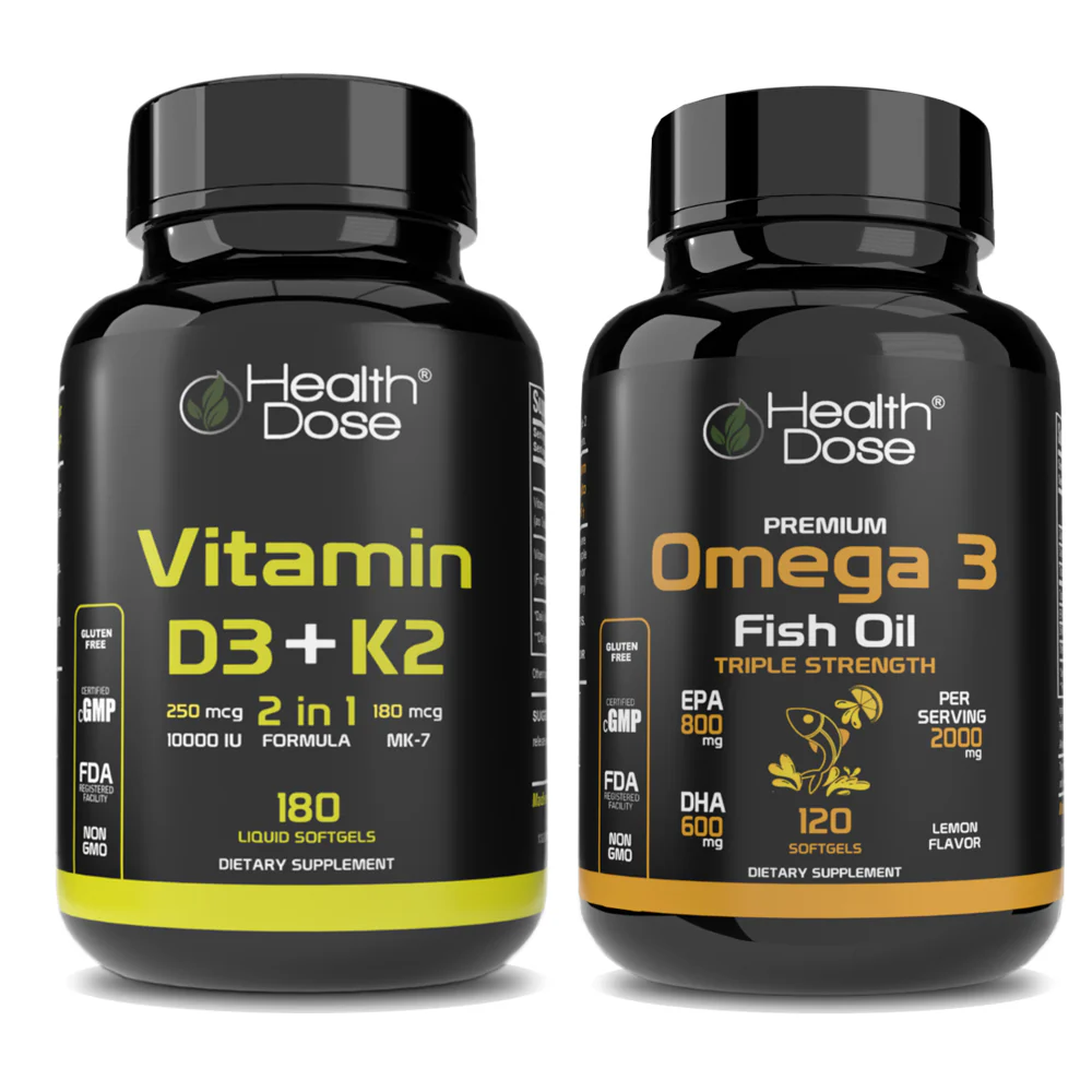 HealthDose Premium Omega 3 Fish Oil x 120 Softgels + Vitamin D3-K2. 180 Liquid Softgels — Wellness Supplements