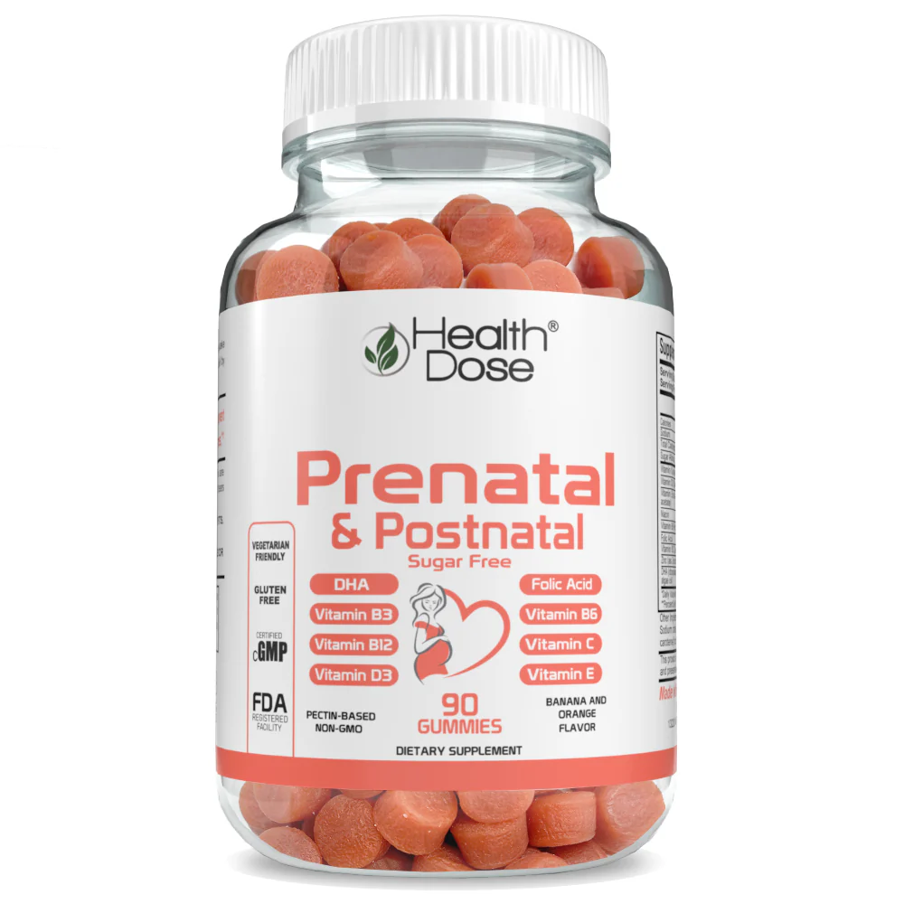 HealthDose Prenatal & Postnatal Vitamins, DHA & Folic Acid,Gluten & Sugar Free Vitamin B6, B12, C + Zinc for immunity 90 Count Gummies. - Pack 1