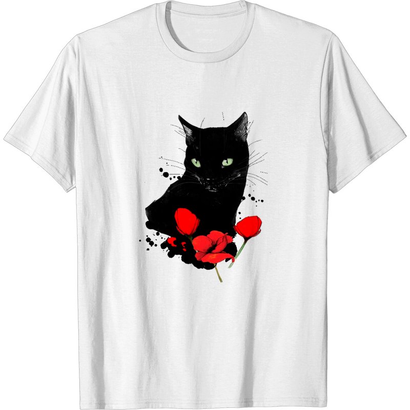 T-shirt pour hommes Black Cat et coquelicots rouges Catshirt — T-shirts pour hommes