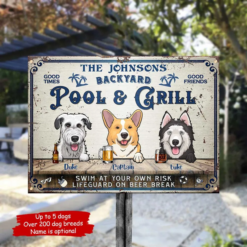 Backyard Pool & Grill - Personalized Dog Metal Sign