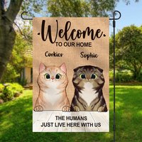 The Humans Just Live Here With Us - Personalized Cat Garden Flag — Decorative Flags