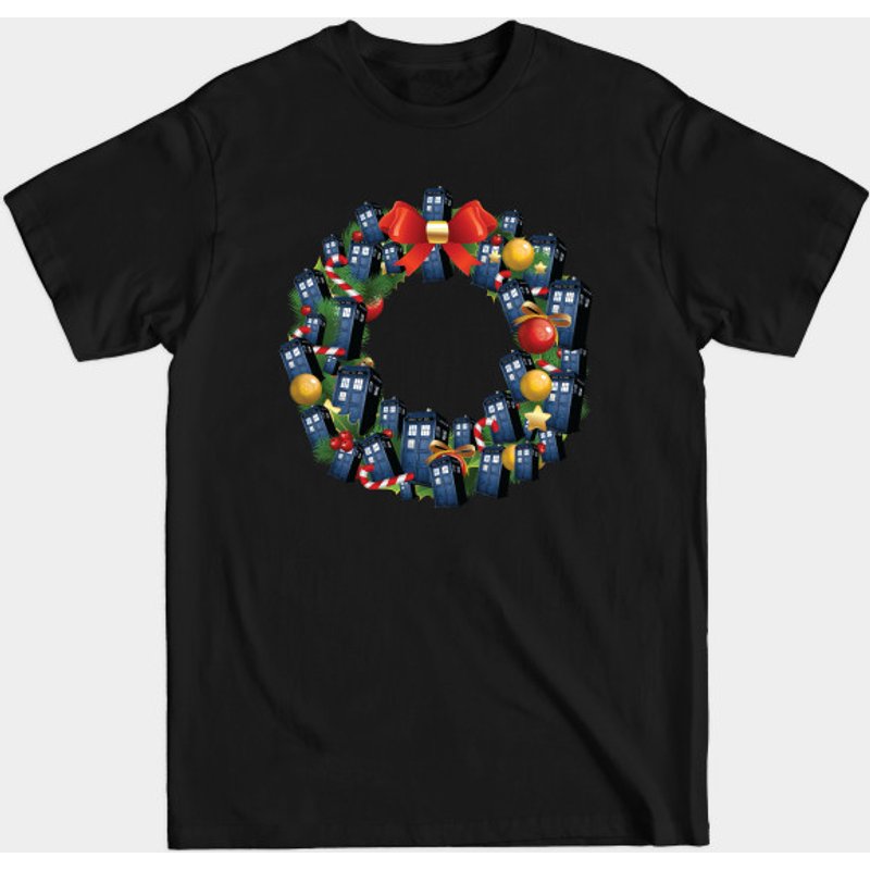 Tardis Doctor Who Multiface Christmas Wreath T-Shirt for Men — Mens T Shirts