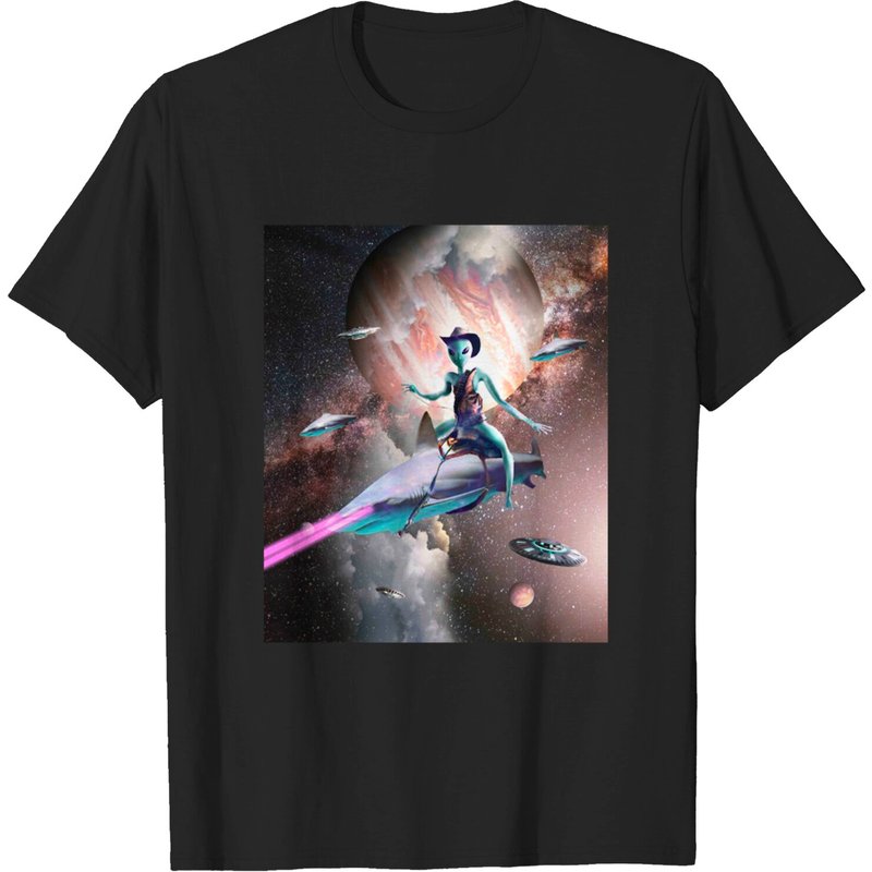 T-shirt Cowboy Alien de l'Espace Montant un Requin Laser pour Hommes — T-shirts pour hommes