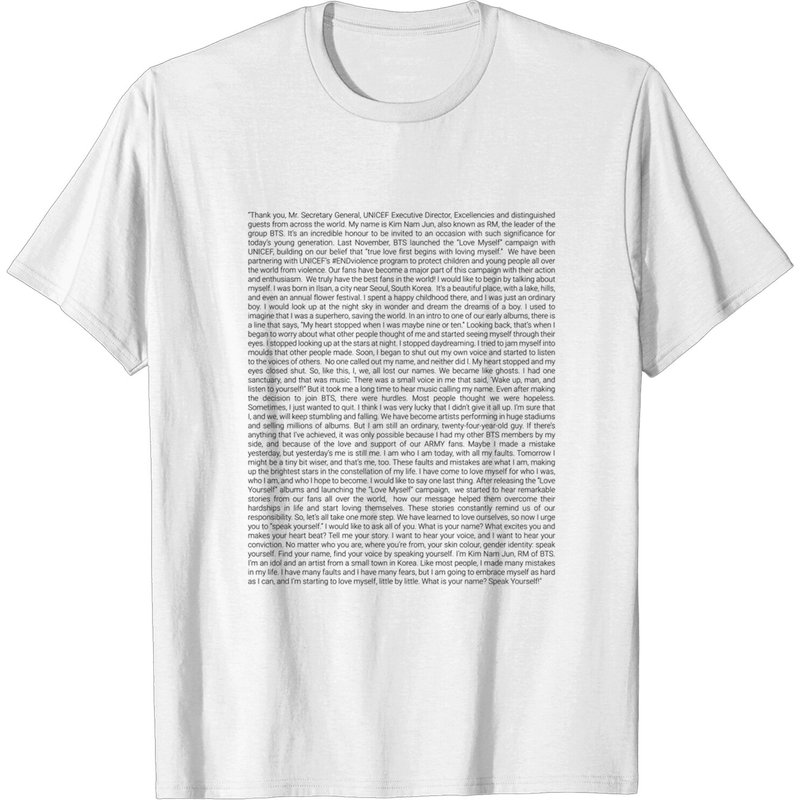 Namjoon's UN Speech Tiny Font T-Shirt - BTS - Men's Apparel — Mens T Shirts