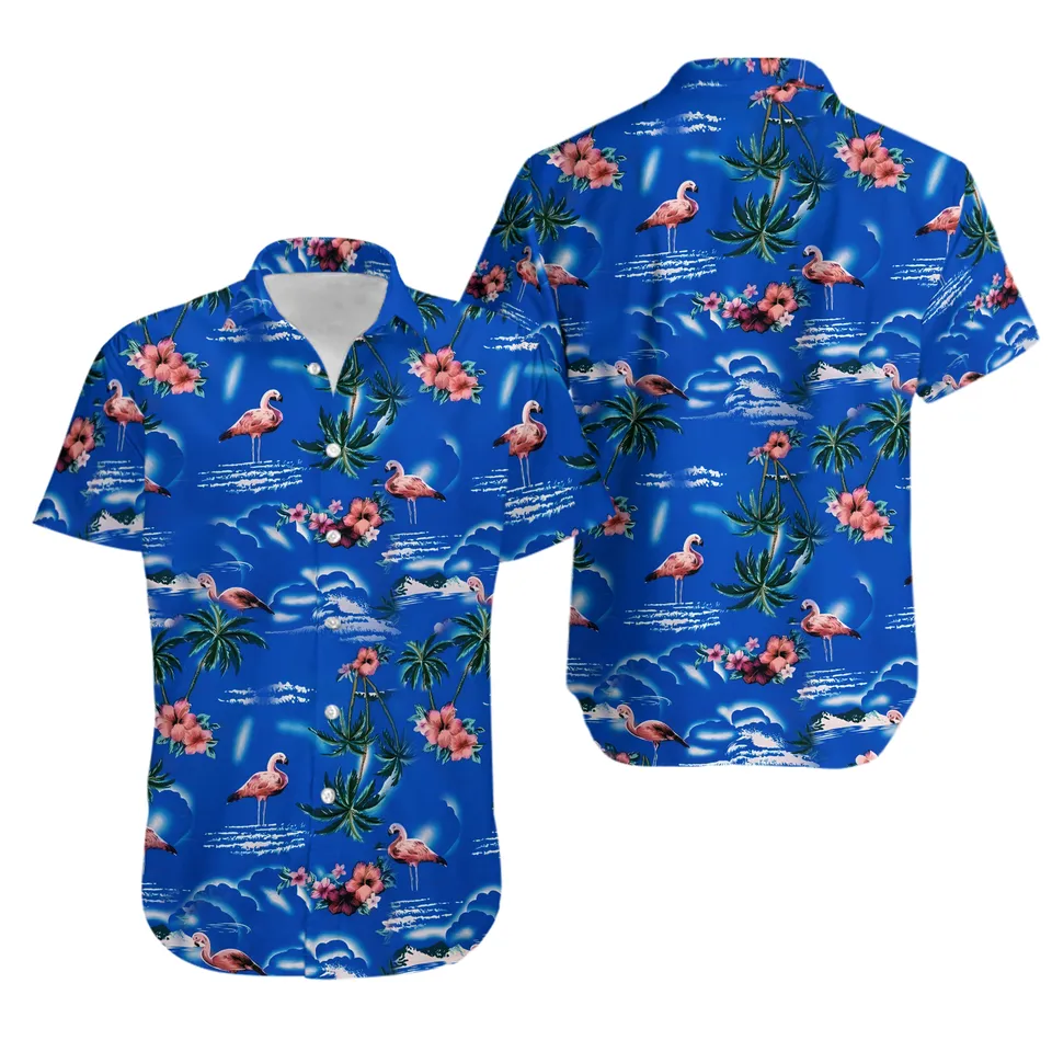 90s Bright Blue Flamingo Island Hawaiian Shirt