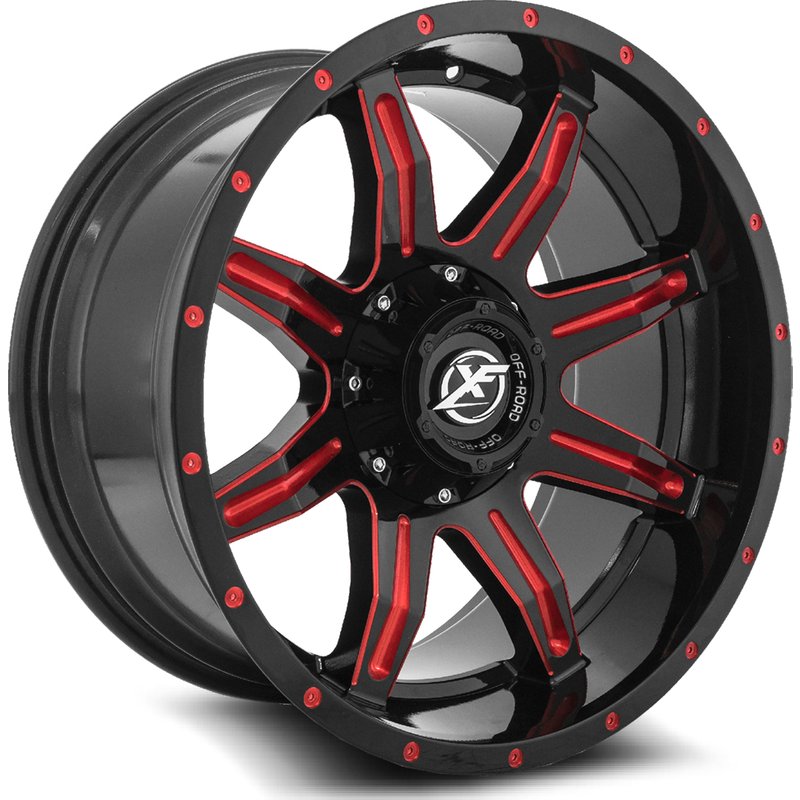 XF Off-Road XF-215 Gloss Black Red Milled Wheels - 20x10 -5x127 — Wheels & Rims