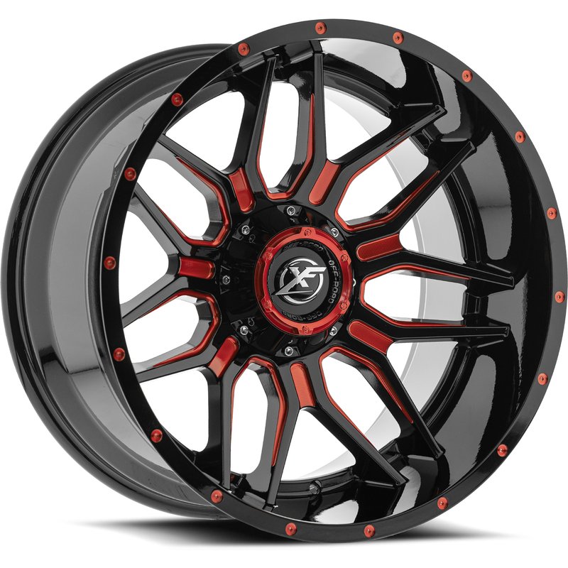 XF Off-Road XF-222 Gloss Black Red Milled Wheels - 20x10 -5x127 — Wheels & Rims