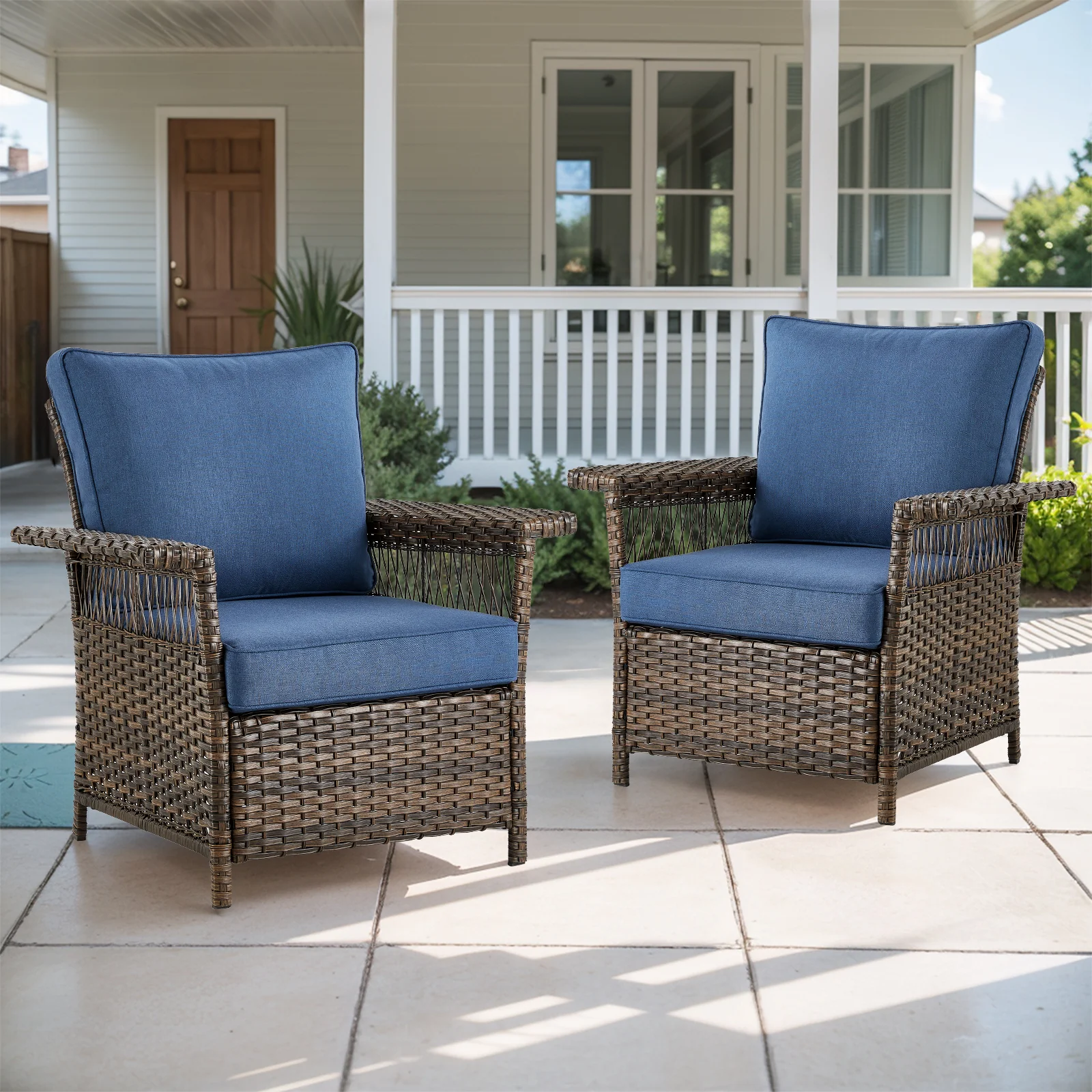 Belord SS Series Wicker Patio Chairs - Brown Wicker with Blue Cushion