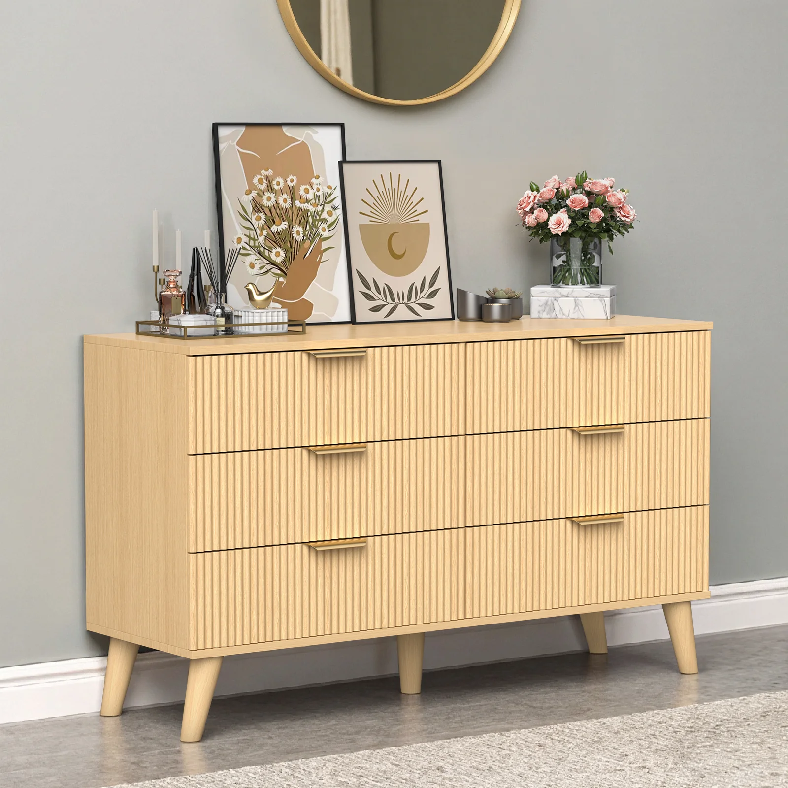 Commode moderne en bois Belord de 47 po avec 6 tiroirs cannelés au design bohème naturel — Buffets et rangements