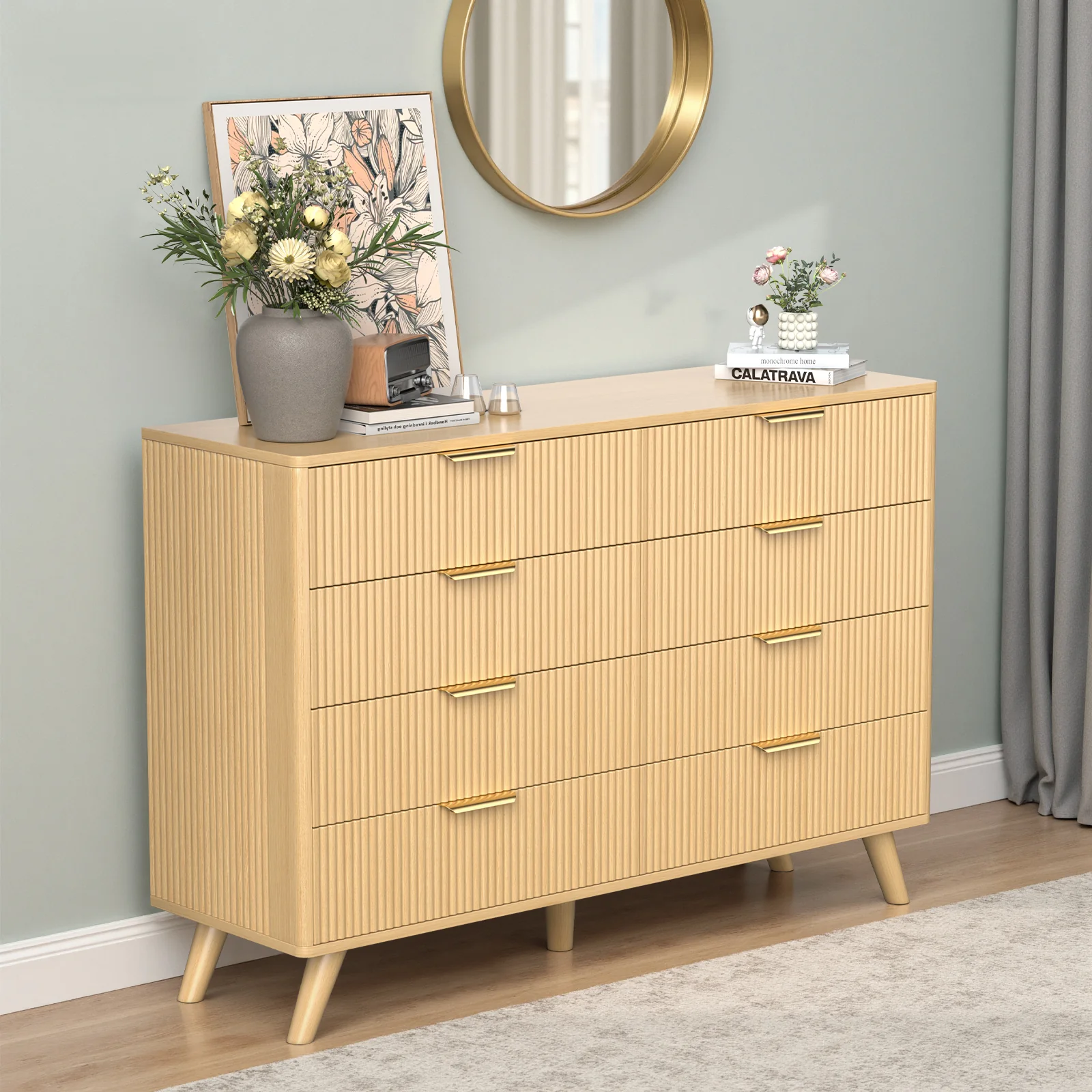 Belord 47" Modern Wood Dresser with 8 Drawers Fluted Boho Design Natural