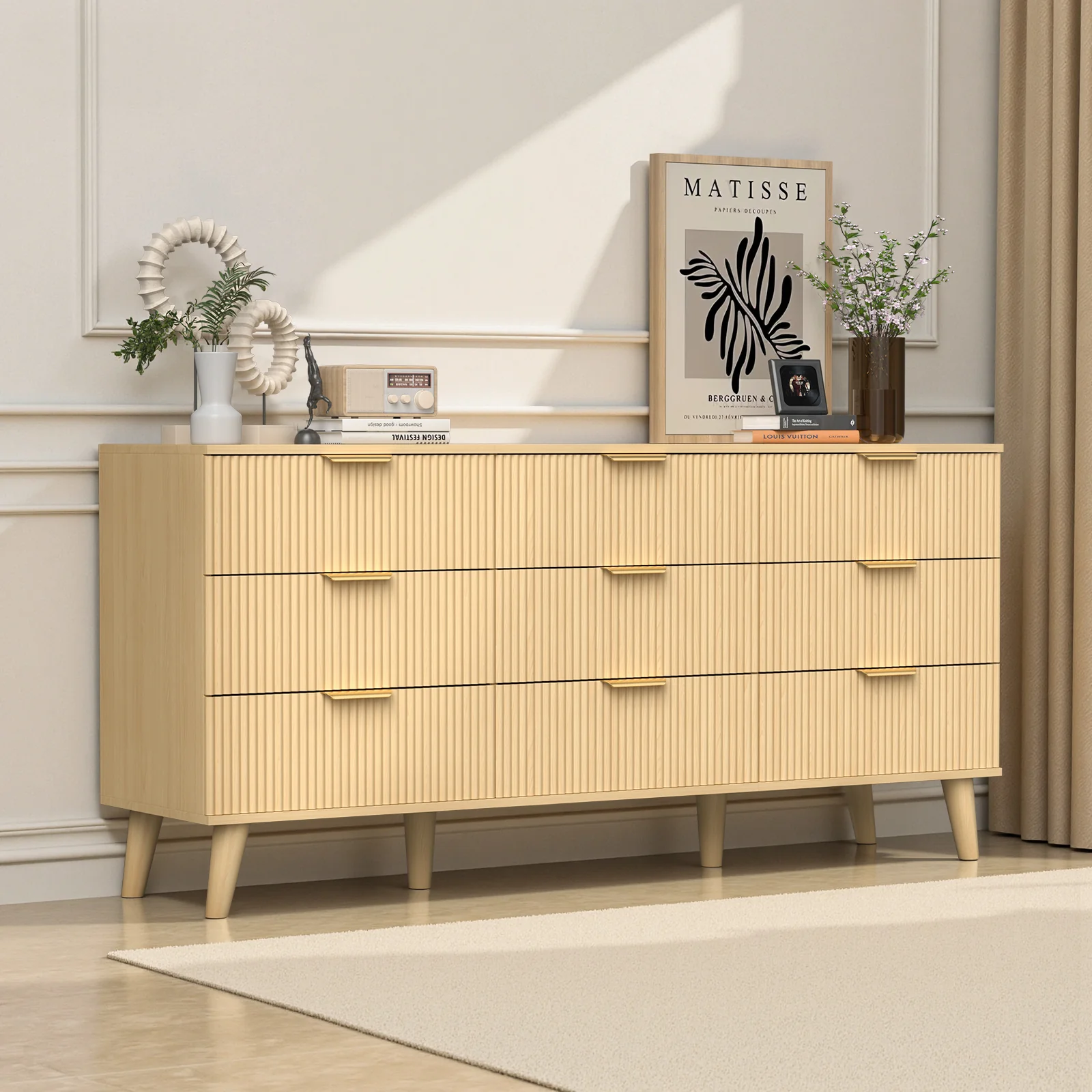 Belord 63" Modern Boho Dresser 9-Drawer Light Wood Chest Natural
