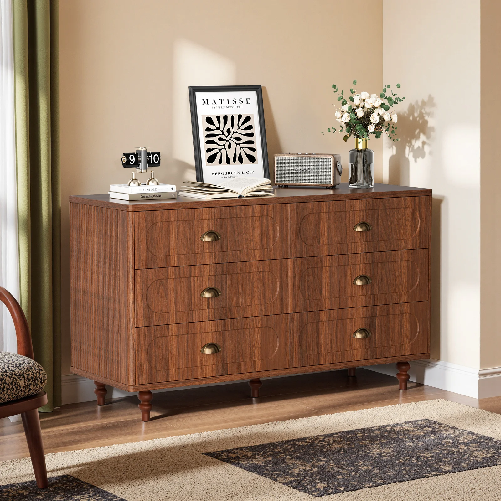 Belord 47.2" Walnut Double Dresser with 6 Drawers and Solid Wood Legs