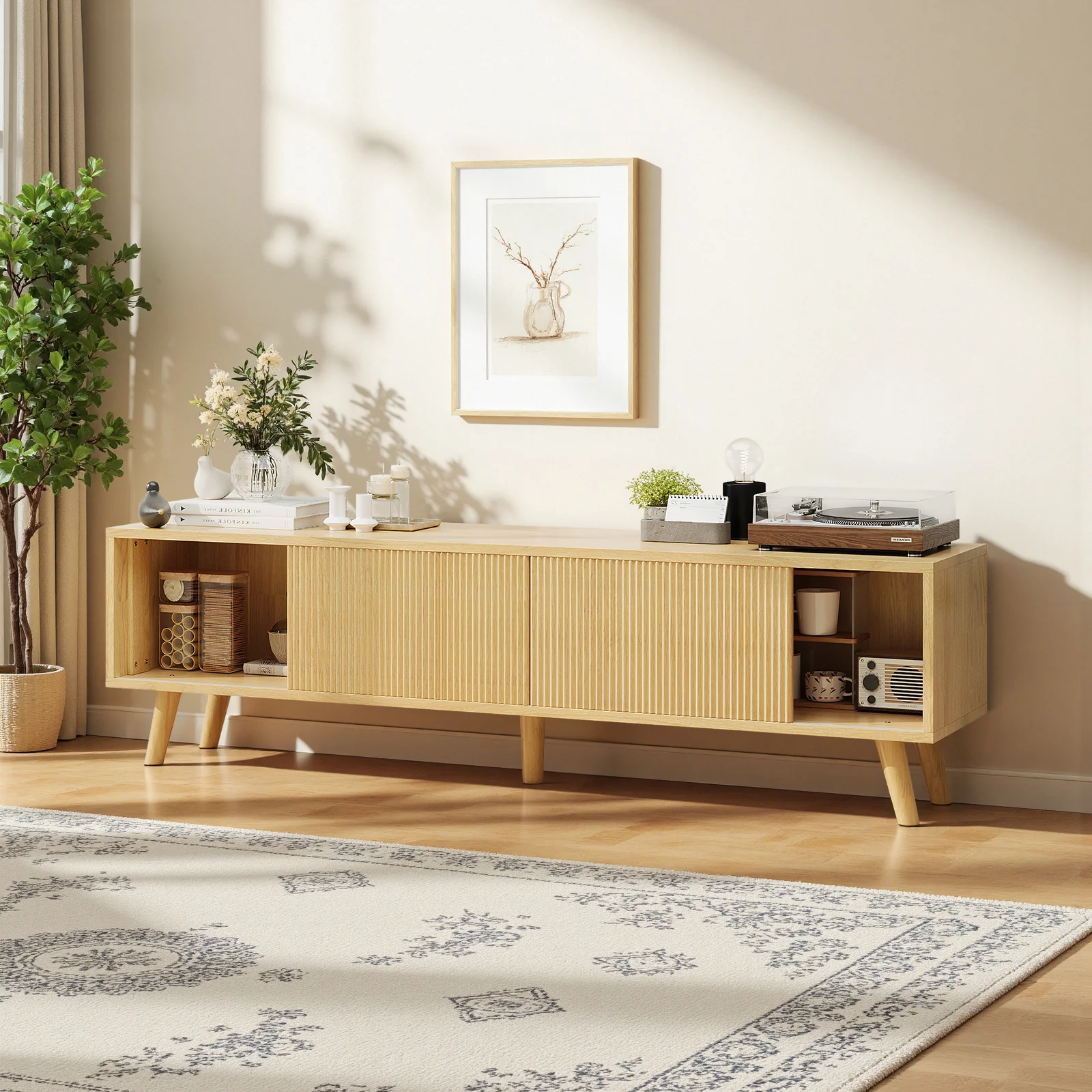 Belord 75" Boho TV Stand Media Console with Fluted Doors Natural