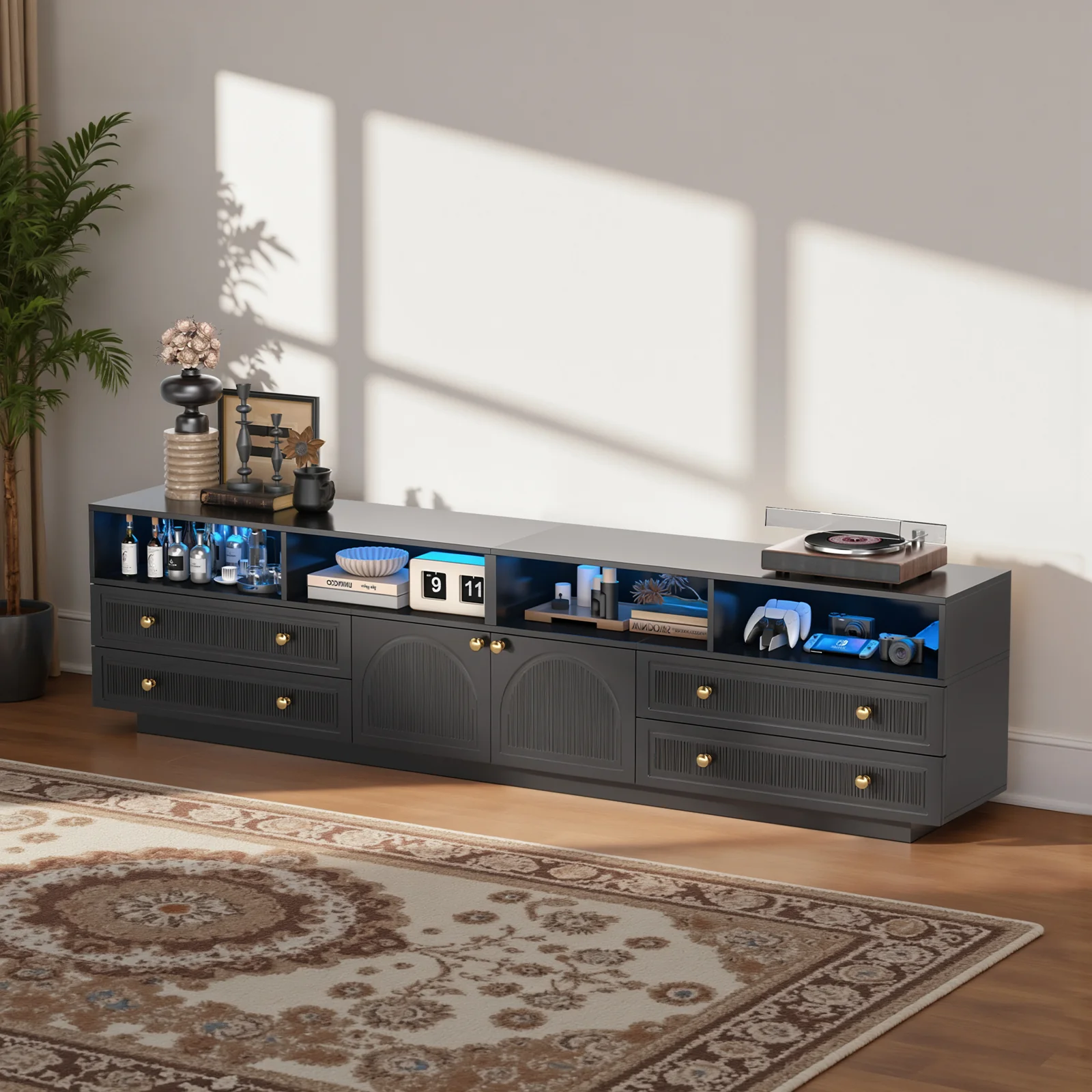 Meuble TV Belord noir brillant avec rangement pour téléviseur 75" — Buffets et rangements