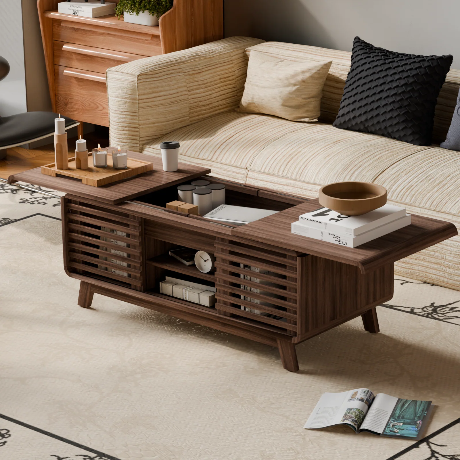 Table basse moderne Belord du milieu du siècle avec rangement caché, finition noyer