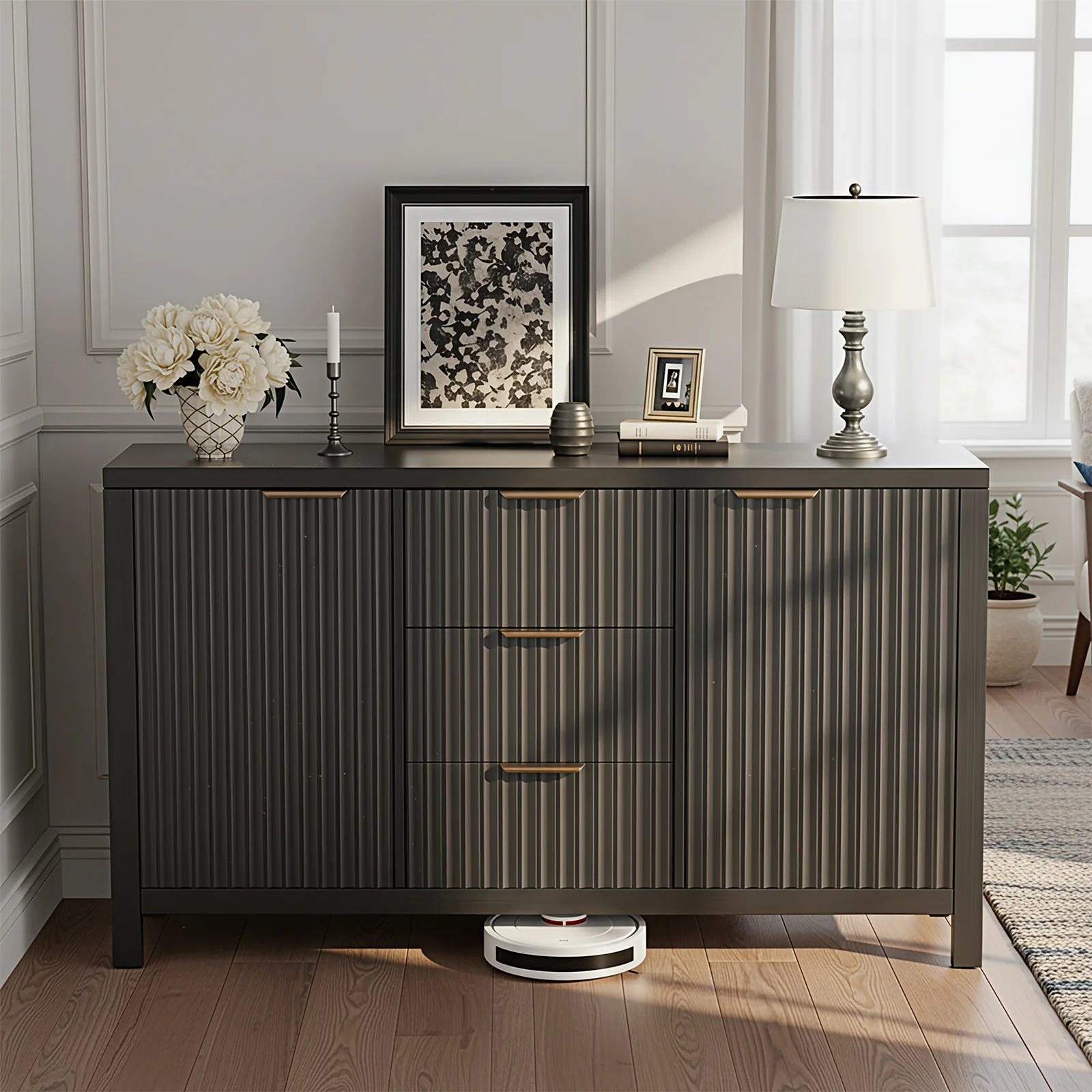 Belord Buffet cannelé avec 2 portes, 3 tiroirs, noir — Buffets et rangements