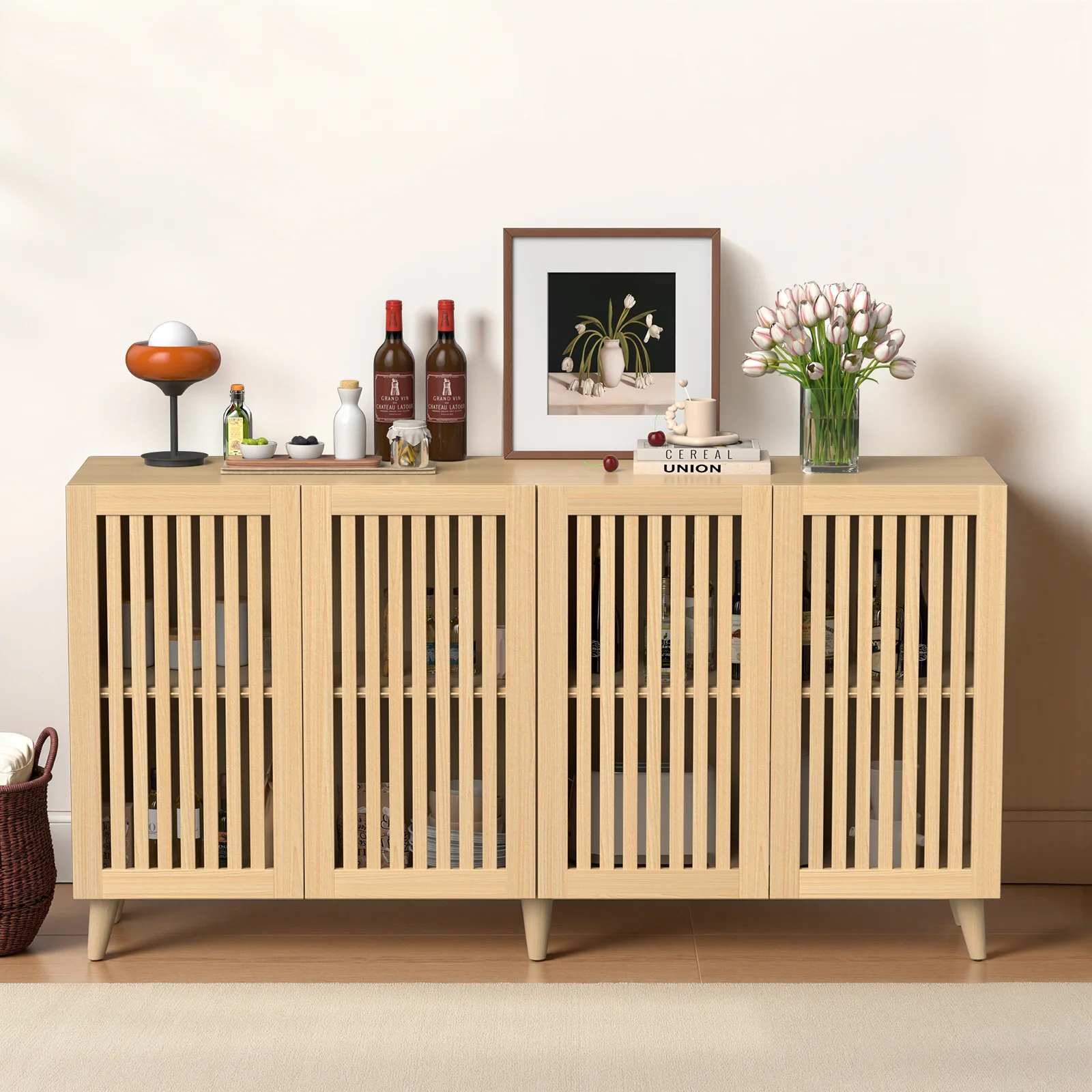 Belord 63" Mid-Century Modern Buffet Cabinet, 4-Door Wood Sideboard