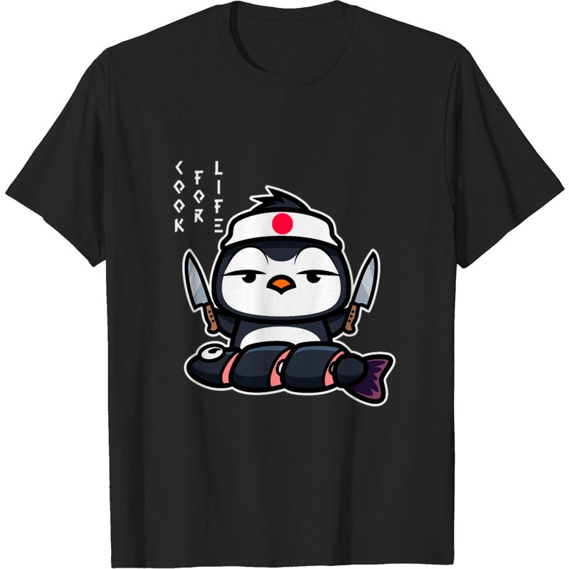 Japanese Penguin Cook T-shirt for Men in Black — Mens T Shirts