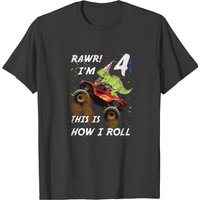 T-shirt pour hommes avec dinosaure sur camion monstre - 4e anniversaire
