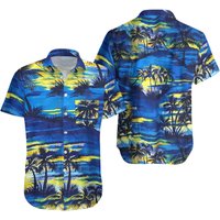 Chemise hawaïenne vintage bleue et jaune avec palmier au coucher de soleil — Chemises décontractées pour hommes