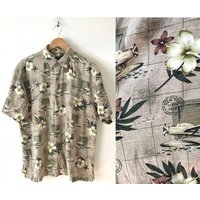Chemise hawaïenne vintage à imprimé floral d'avion tan — Chemises décontractées pour hommes