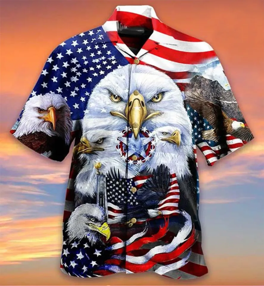 Chemise hawaïenne American Eagle avec drapeau américain, Ohana du 4 juillet — Chemises décontractées pour hommes