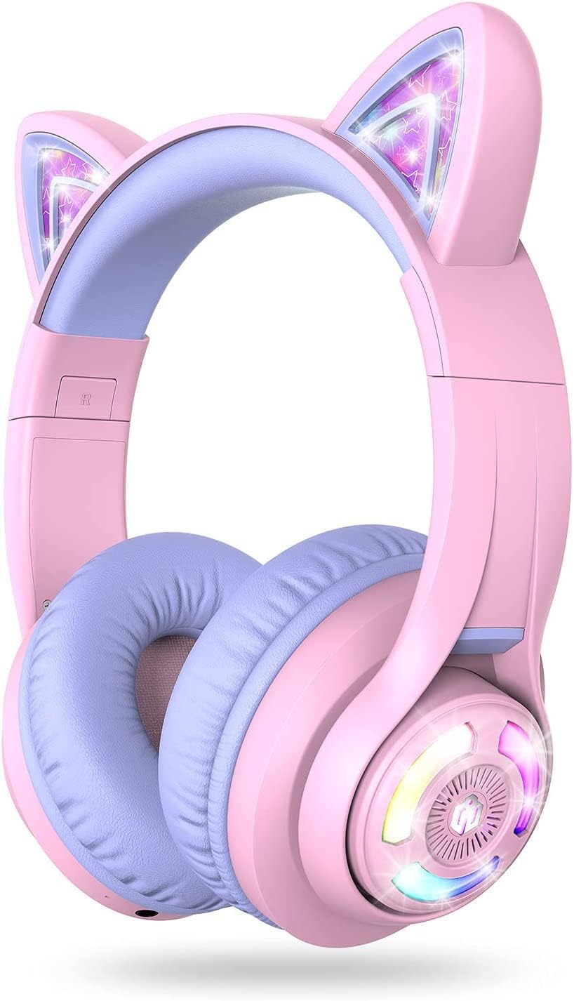 iClever Kids Casque Bluetooth avec oreilles de chat et lumières LED, batterie de 50 heures — Casque Bluetooth