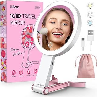 LED makeup mirror: LitBear Travel Makeup Mirror With Lights, Rechargeable Double Sided 10X/1X Magnifying…