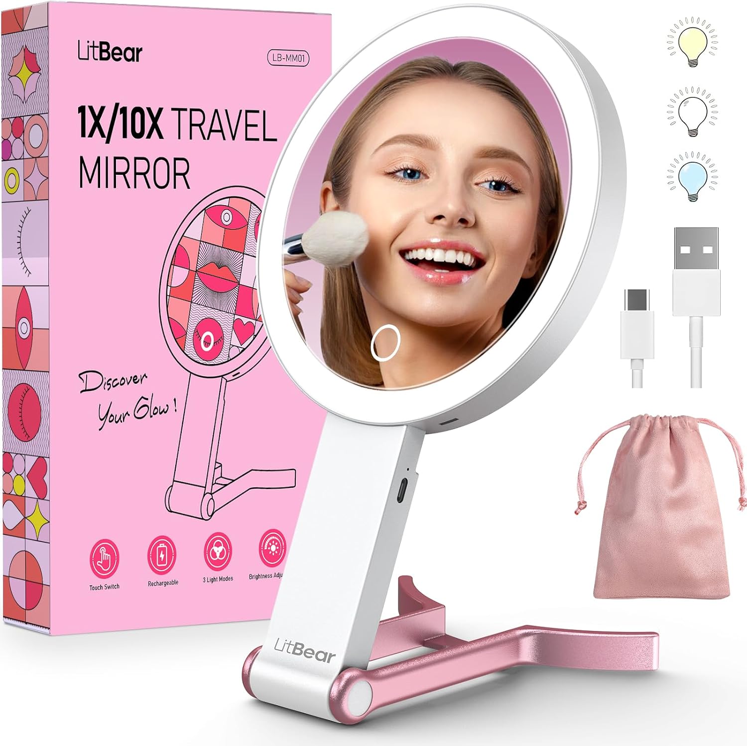 Miroir de Maquillage LitBear avec Éclairage, Grossissement 10X/1X — Miroir de maquillage mené
