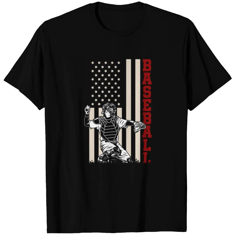 American Flag Baseball Catcher T-Shirt for Men