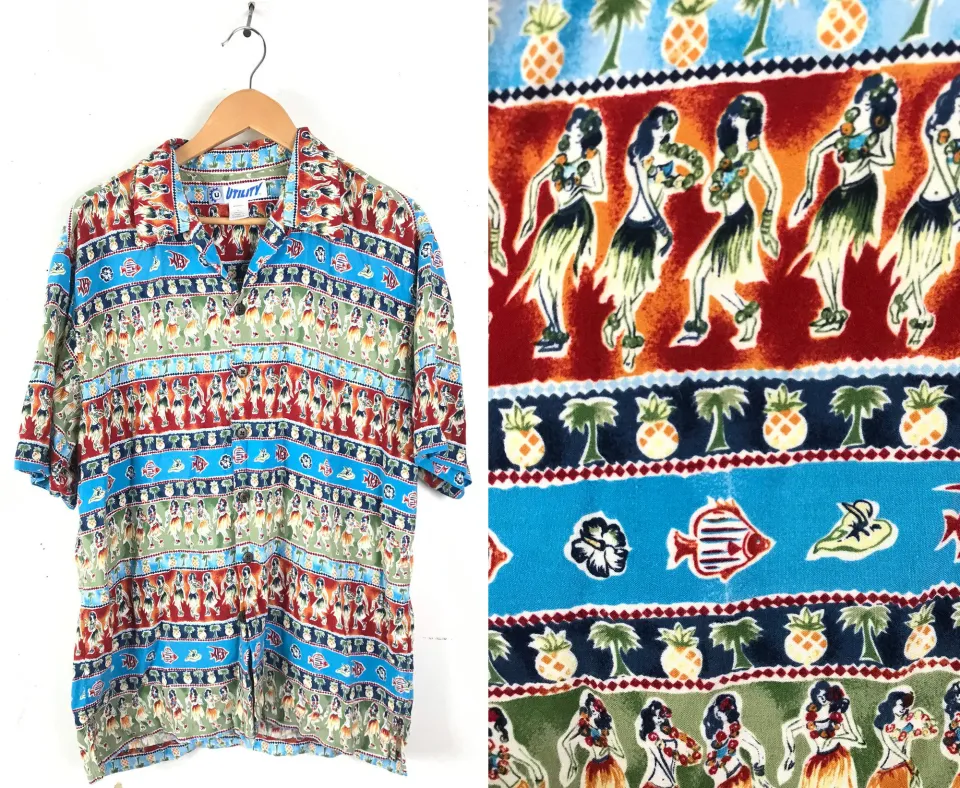Chemise hawaïenne 90s Hula Girl Palm Tree Fish — Chemises décontractées pour hommes
