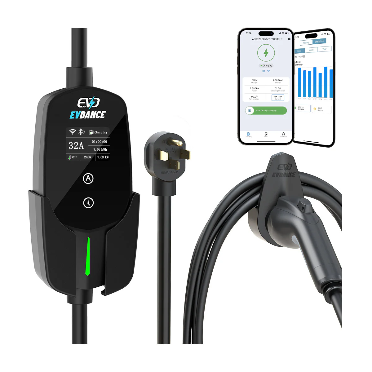 Evdance Level 2 Nema 14-50 32A J1772 Portable EV Charger | ETL Certification - Black / ETL Listed