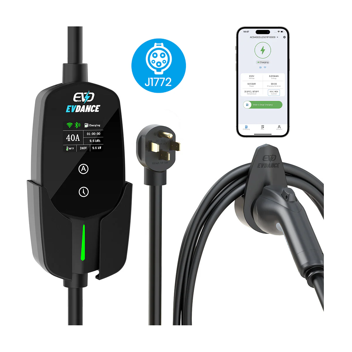 Evdance Flux Level 2 Nema 14-50 40A J1772 Portable EV Charger Wifi Enabled | ETL Certification - Standard Safety / Wifi-Enabled