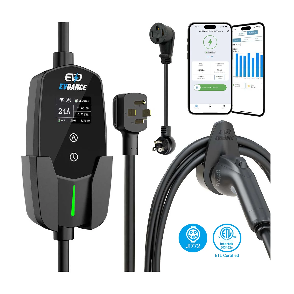 Evdance Level 2 Nema 14-30 24A J1772 Portable EV Charger | ETL Certification - ETL Listed / Wifi-Enabled