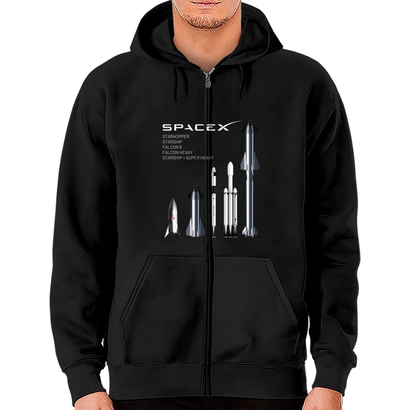 Hoodies Zip SpaceX Rockets - Starship, Falcon Heavy, Falcon 9 — Sweats à capuche pour hommes