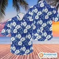 Chemise hawaïenne bleue à boutons avec imprimé d'Hibiscus — Chemises décontractées pour hommes