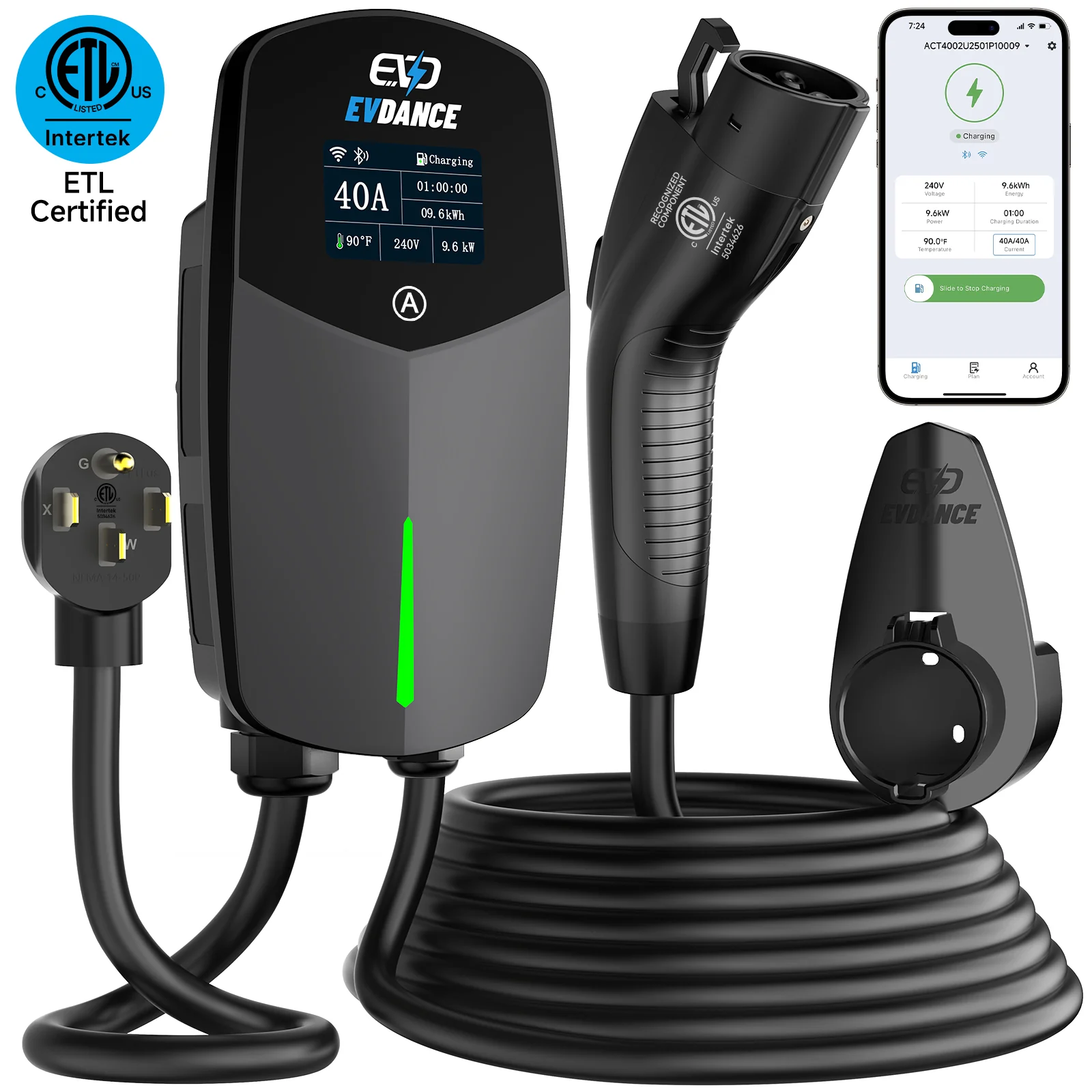 Evdance Home Level 2 EV Charger Nema 14-50 J1772 Wall-mounted Plug In - 40A | ETL Certification