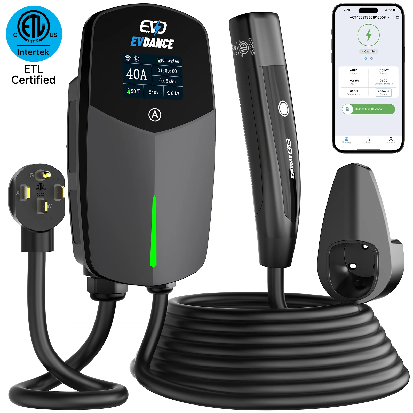 Evdance Level 2 EV Charger Nema 14-50 Nacs Wall-mounted Plug In - 40A | ETL Certification