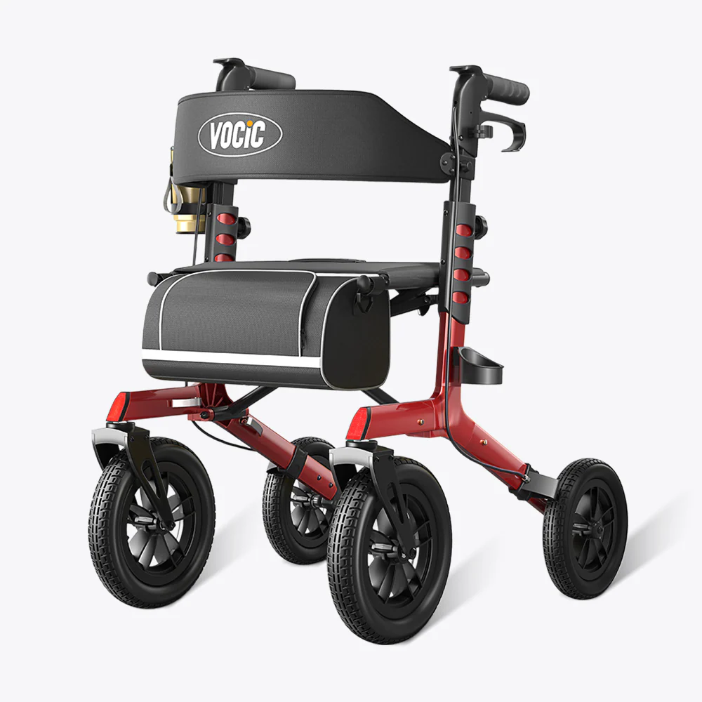 Vocic Z57 Outdoor Rollator Walker with 12" All Terrain Big Wheels - Red