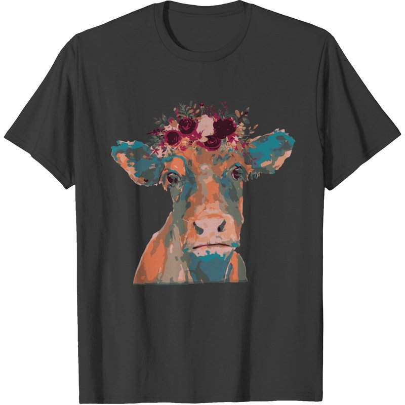 Cow Head Face Print Colorful Watercolor Floral Hei T-shirt — T-shirts pour hommes