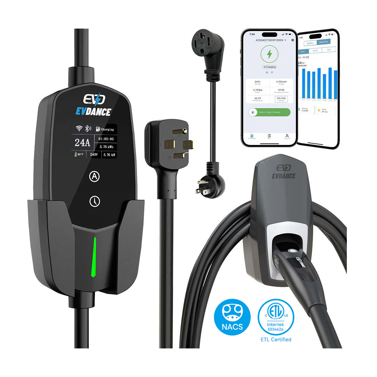 Evdance Level 2 Nema 14-30 24A Nacs Portable EV Charger | ETL Certification - ETL Listed / Wifi-Enabled — Battery Charger