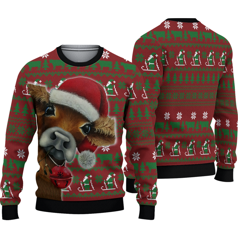 Cow Xmas Woolen Sweater, Ugly Christmas Sweater — Chandails pour hommes