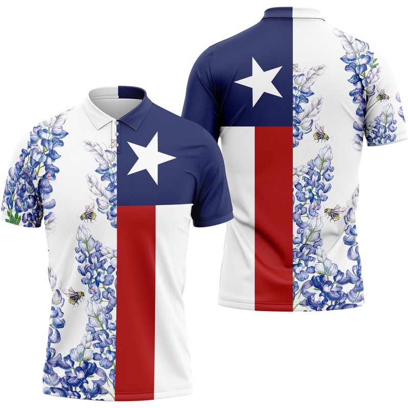 Texas State Flag Bluebonnet Flower Polo Shirt — Chemises décontractées pour hommes