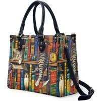 Sleeping Cat On The Bookshelf Leather Bag