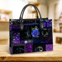 Cat Purple Flower Leather Bag