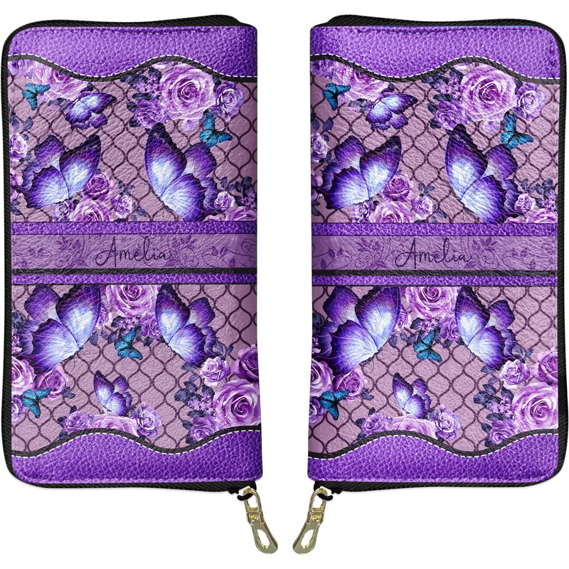 Personalized Butterfly Rose Purple Leather Wallet — Portefeuille Homme