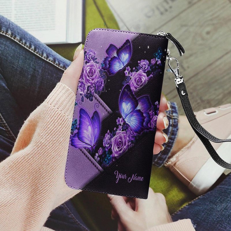 Personalized Butterfly Purple Leather Wallet — Portefeuille Homme