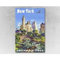 New York Central Park 1950s Vintage Style Airline Travel Poster — Affiches et impressions