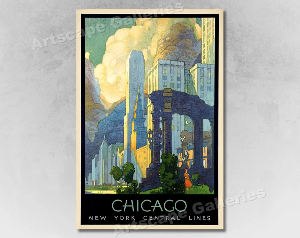 1920s Art Deco Chicago Vintage Style Ny Central Line Travel Poster — Affiches et impressions